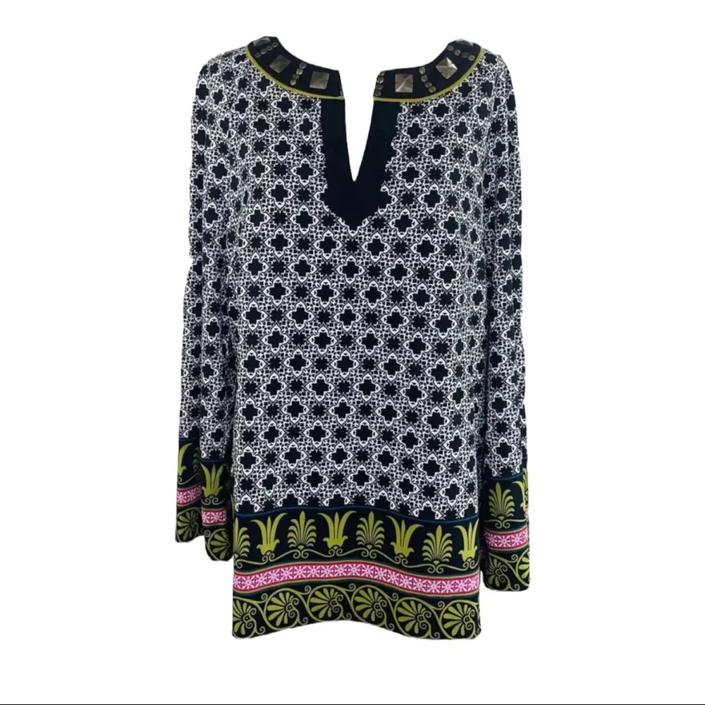 Nicole by Nicole Miller Large Tunic Top Studded V-neck Multi Color And Patterns - Picture 12 of 12